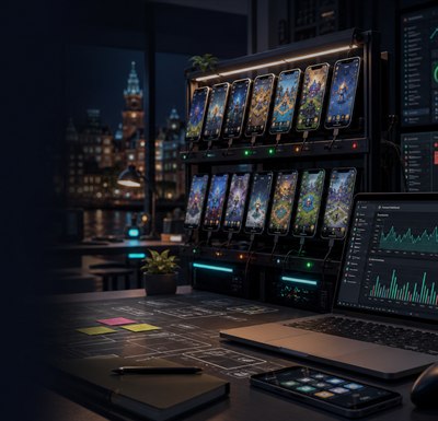 Mobile game app icons and launch analytics dashboard