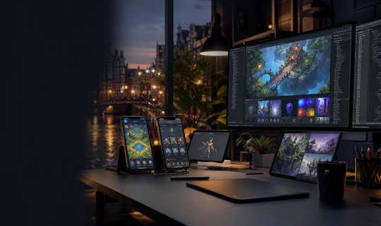 Mobile game UI mockups on studio screens