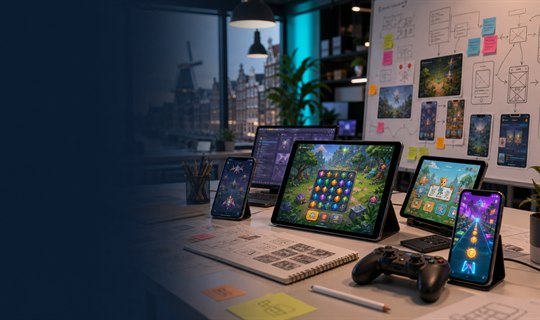 Unity-style mobile game development desk with prototypes