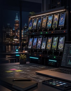 QA device rack for mobile game testing